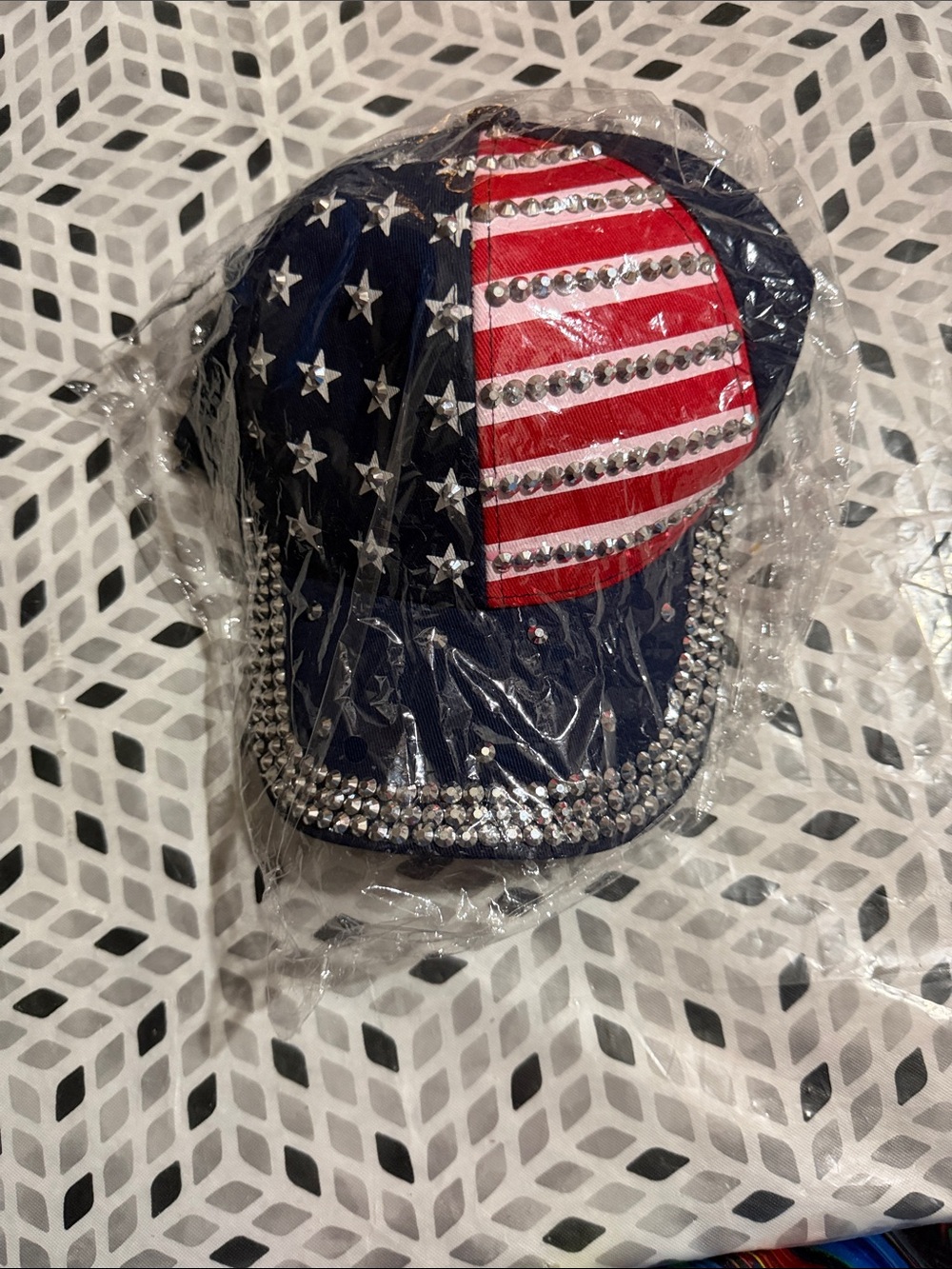 Woman’s Rhinestone American Flag Baseball Cap - Navy/Red/White